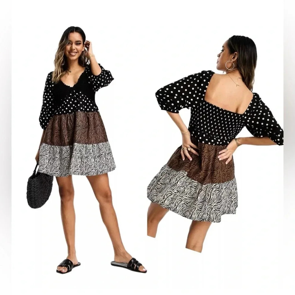 ASOS DESIGN crochet tiered babydoll mini dress in mixed animal print SZ 2O - Picture 1 of 9